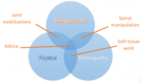 Chiropractors Physios and Osteopaths treatment techniques venn diagram